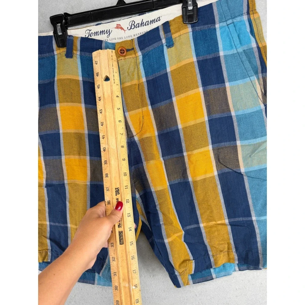 Tommy Bahama Mens Plaid Linen Blend Shorts Blue Yellow Size 40 Flat Front
